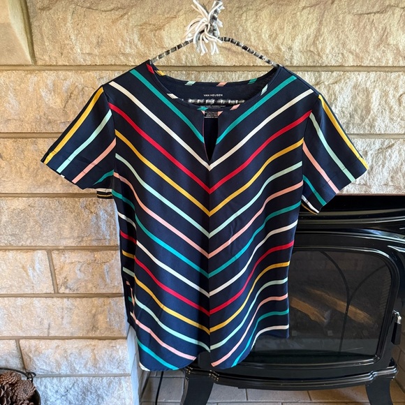Van Heusen Blue and Multicolor Stripe Fitted Short Sleeve Blouse Medium - Picture 1 of 4